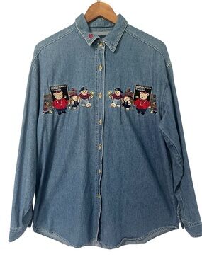 Vintage 90s Denim Teachercore Back to School Embroidered Bears Button Up Shirt M